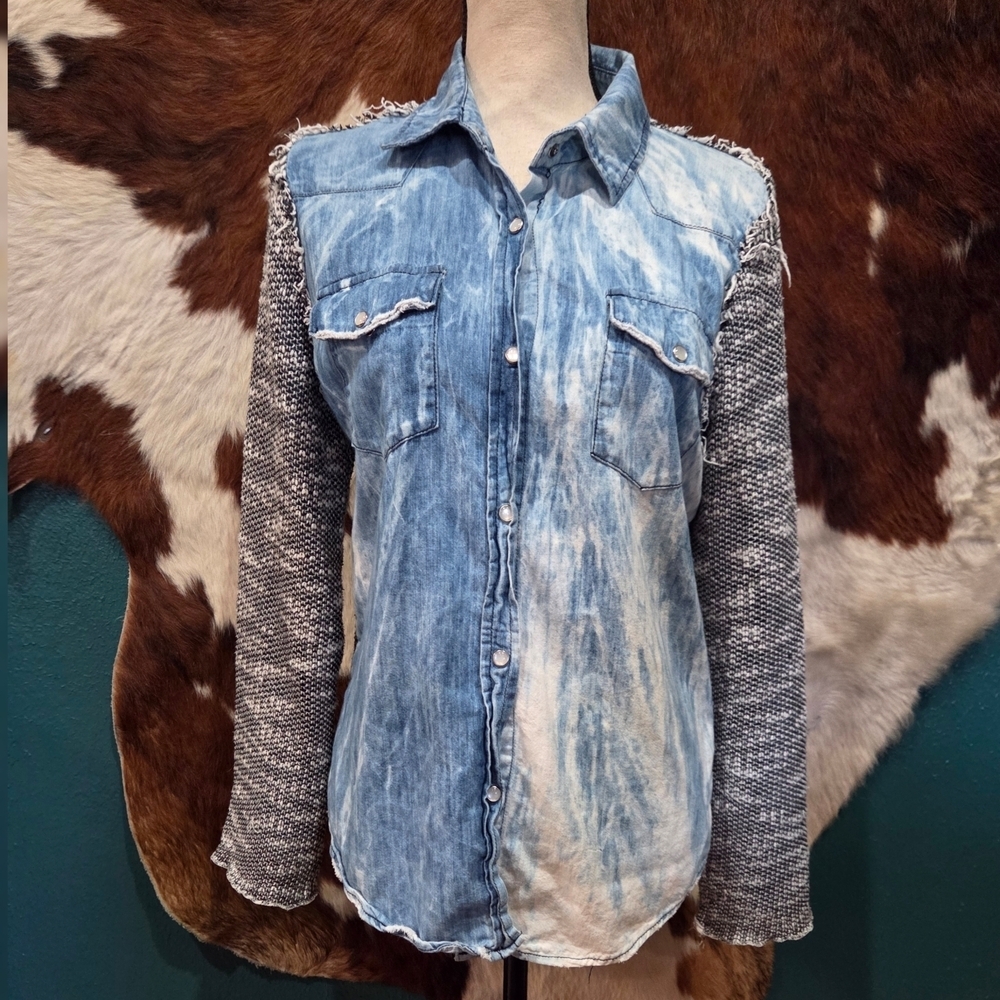 Denim and Knit Button-Up Shirt